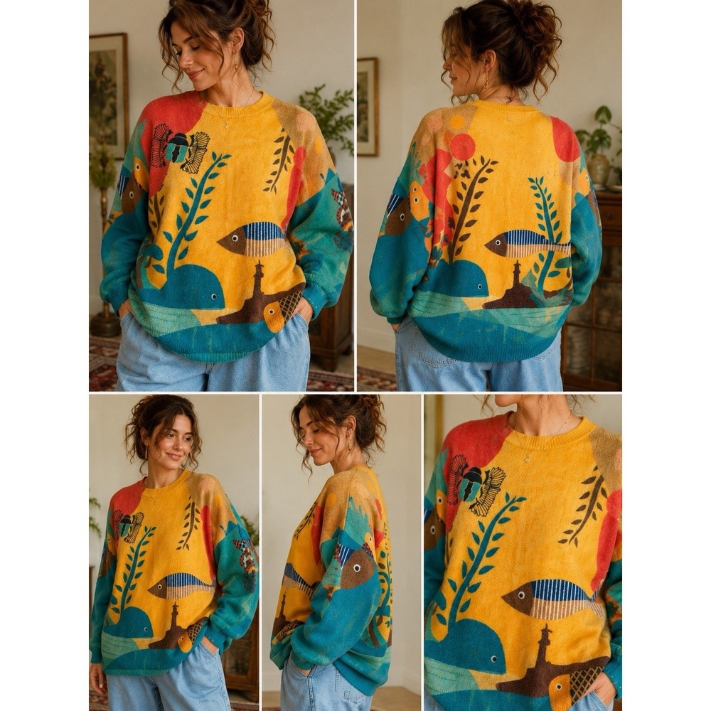 Whimsical Fish Whale Scenic Wool Blend Oversized Sweater Coastal Art Knit OS